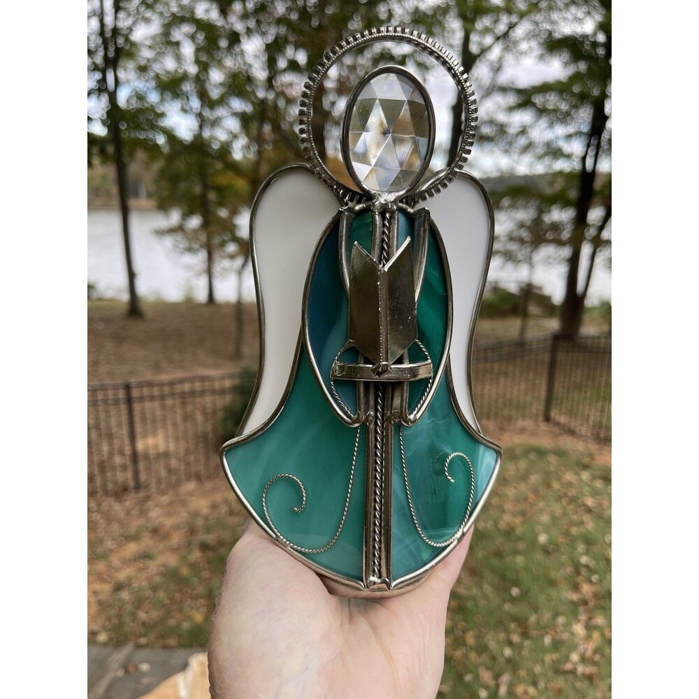 Vintage Green Angel Stained Glass Votive Candle Stand Holder Christmas 7.75”